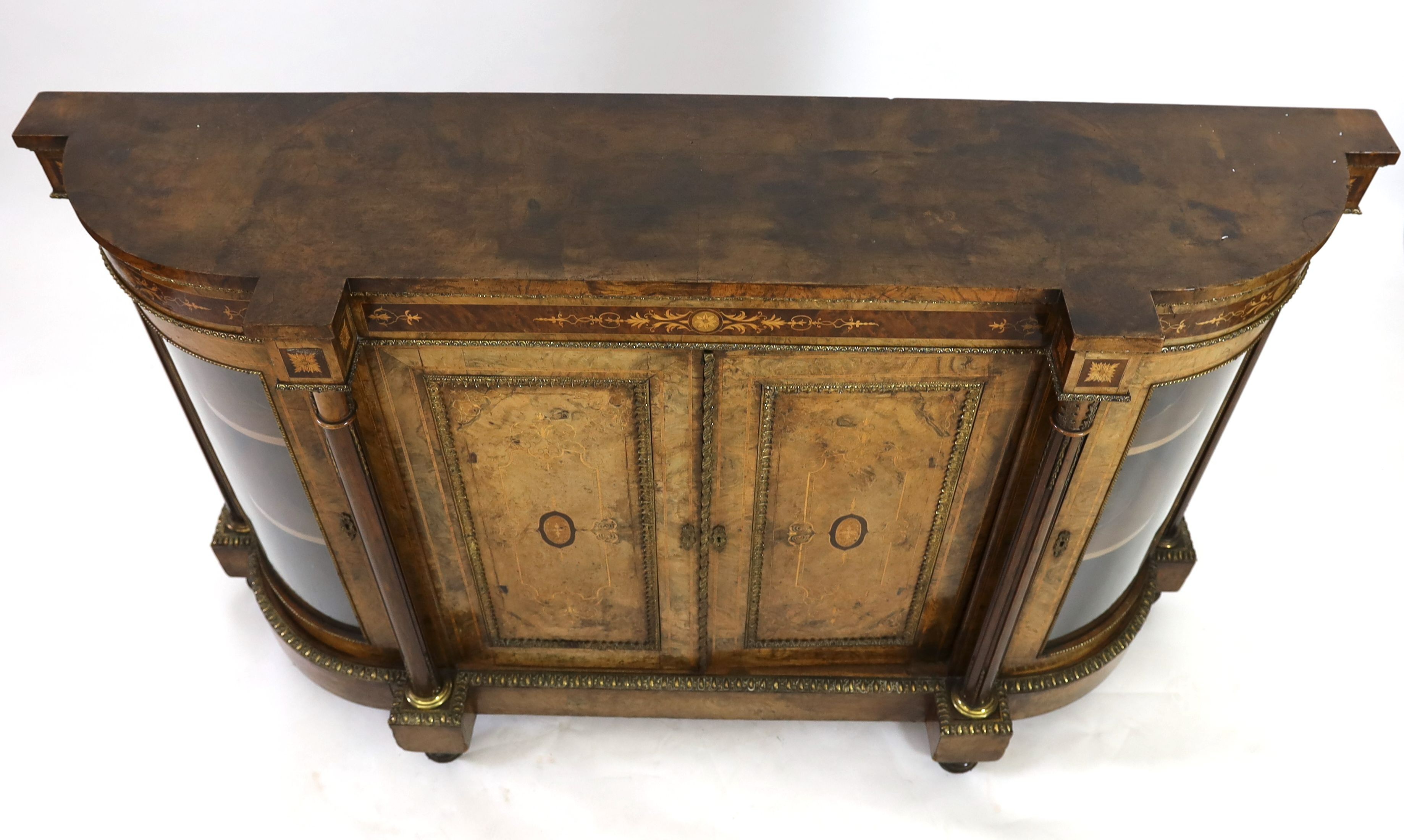A Victorian walnut and marquetry side cabinet, W.177cm D.43cm H.112cm